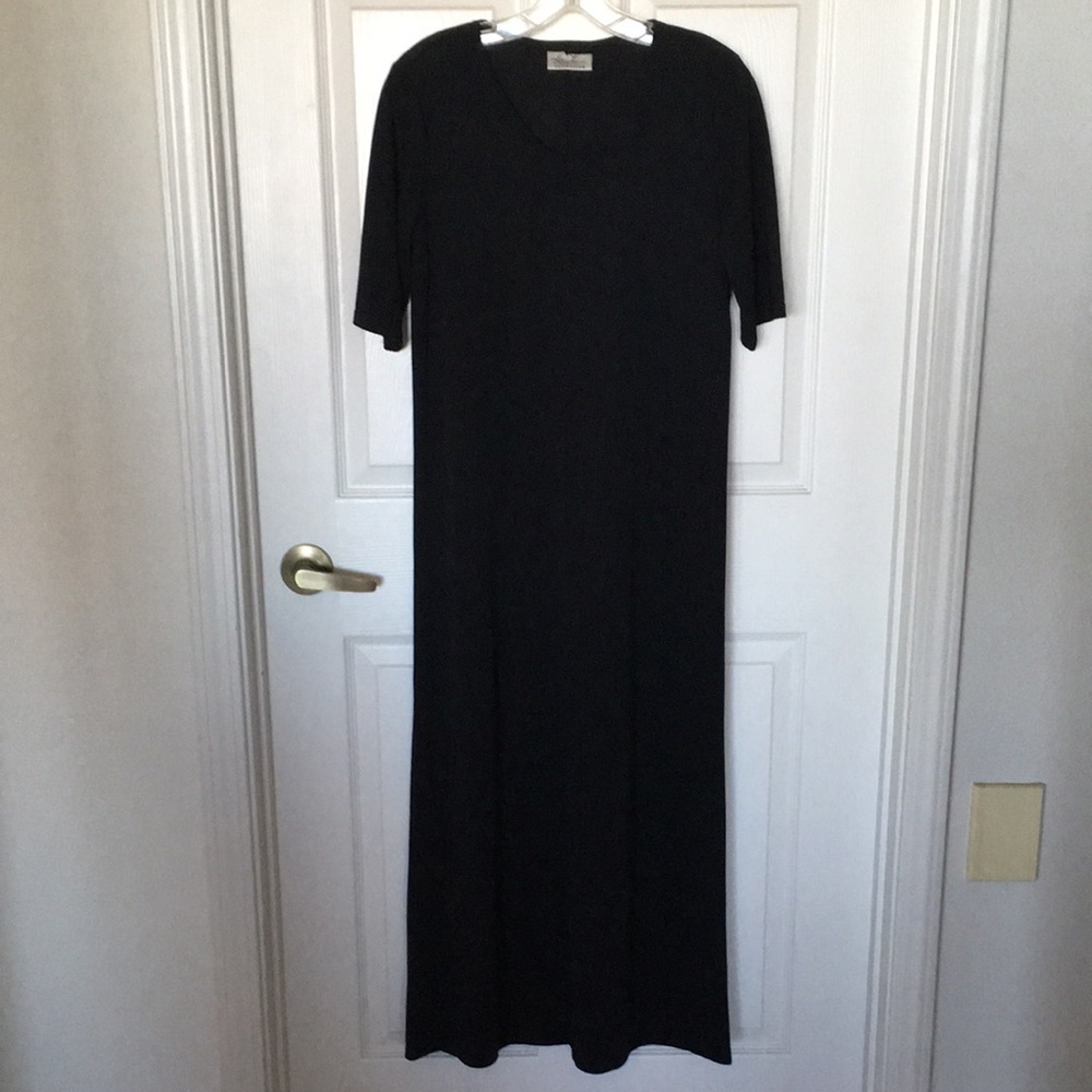 KATHIE LEE COLLECTION Vintage V-neck Dress Black Maxi Short Sleeve Medium